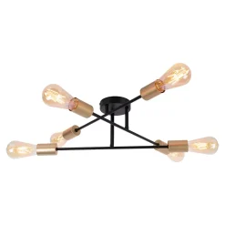 Plafonnier 6 flammes MODO metal noir douilles dorees E27 pour salon salle a manger cuisine entree couloir bureau diametre 54,5 cm