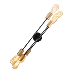 Plafonnier 6 flammes MODO metal noir douilles dorees E27 pour salon salle a manger cuisine entree couloir bureau diametre 54,5 cm