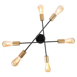 Plafonnier 6 flammes MODO metal noir douilles dorees E27 pour salon salle a manger cuisine entree couloir bureau diametre 54,5 cm