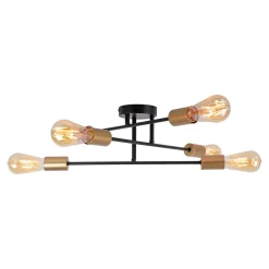 Plafonnier 6 flammes MODO metal noir douilles dorees E27 pour salon salle a manger cuisine entree couloir bureau diametre 54,5 cm