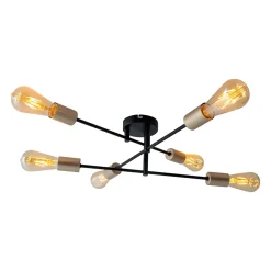 Plafonnier 6 flammes MODO metal noir douilles dorees E27 pour salon salle a manger cuisine entree couloir bureau diametre 54,5 cm
