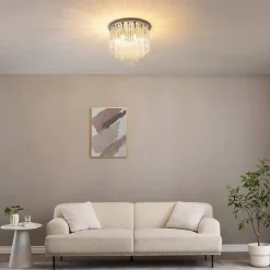 Plafonnier chic chromé en verre cascade de pampille transparentes - Sandrilla