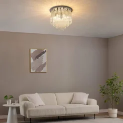 Plafonnier chic chromé en verre cascade de pampille transparentes - Sandrilla