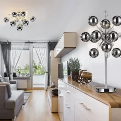 Plafonnier EXPLOSION chrome metal verre douilles G9 pour salle a manger salon entree bureau diametre 57 cm