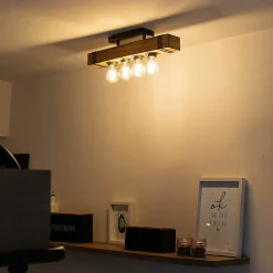 Plafonnier industriel intelligent en bois et acier avec 4 ampoules WiFi A60 - Reena