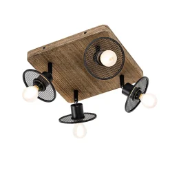 Plafonnier industriel noir avec bois 4 lumières - Jasmine