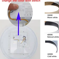 Plafonnier LED Circulaire 40cm 30W 3000LM Métal Noir et Bois Lumière Sélectionnable 3000K4000K6000K