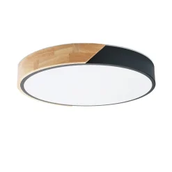 Plafonnier LED Circulaire 40cm 30W 3000LM Métal Noir et Bois Lumière Sélectionnable 3000K4000K6000K