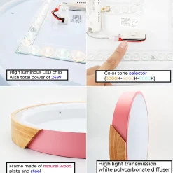 Plafonnier LED Circulaire 40cm 24W 2400LM Métal Rose et Bois Naturel Lumière Sélectionnable 3000K4000K6000K