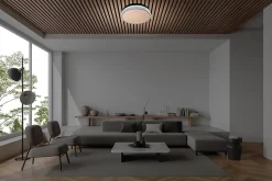 Plafonnier LED LOLA D 50cm H 9cm metal plastique brun blanc 1900lm dimmable CCT 3000 a 6500K LEDs integrees veilleuse