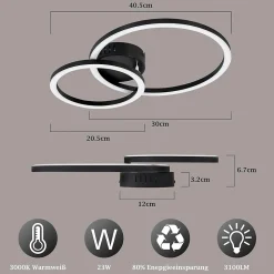 Plafonnier LED Nettlife 40 cm - 23 W - Lampe de cuisine 3 000 K - Blanc chaud - Lampe de salon moderne 2 anneaux