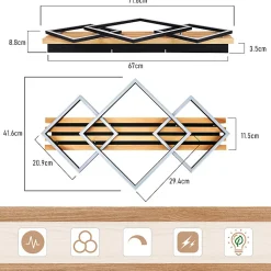 Plafonnier LED NETTLIFE bois : 70 cm plafonnier dimmable lampe de salon lampe de chambre moderne 46W noir fonction mémoire