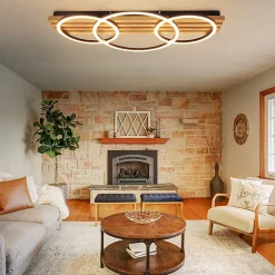 Plafonnier LED NETTLIFE en bois à intensité variable : 70 cm, lampe de salon, 46 W, 3 anneaux, noir avec télécommande