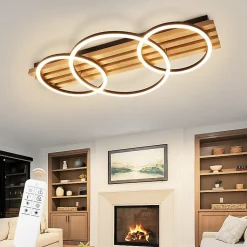Plafonnier LED NETTLIFE en bois à intensité variable : 70 cm, lampe de salon, 46 W, 3 anneaux, noir avec télécommande