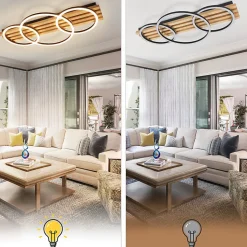 Plafonnier LED NETTLIFE en bois à intensité variable : 70 cm, lampe de salon, 46 W, 3 anneaux, noir avec télécommande