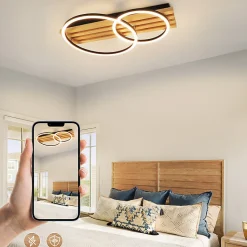 Plafonnier LED NETTLIFE en bois à intensité variable : 55 cm, lampe de chambre à coucher, 36 W, design avec télécommande,