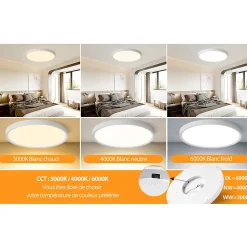 Plafonnier LED Rond 18W Extra-Plat CCT 23 cm, Lampe Superslim Sceneswitch 3 ambiances - Noir