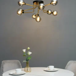 Plafonnier moderne noir et doré 9 boules en verre ambré - Merano