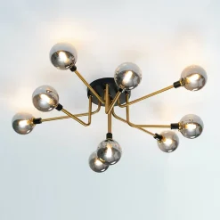 Plafonnier moderne noir et doré 9 boules en verre ambré - Merano