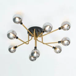 Plafonnier moderne noir et doré 9 boules en verre ambré - Merano