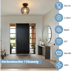 Plafonnier NETTLIFE noir rétro E27 max. 40 W, idéal pour un couloir ou une cage d'escalier