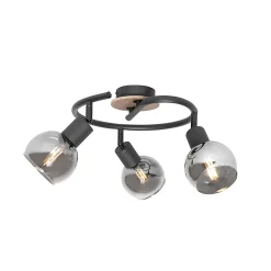 Plafonnier noir 44,5 cm avec verre fumé et bois 3 lumières - Vidro