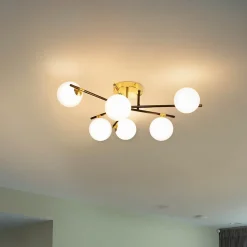 Plafonnier noir avec or et verre opale 6 lumières - Lynn