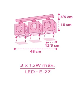 Plafonnier pour enfants à 3 lampes Moonlight lune et étoiles rose