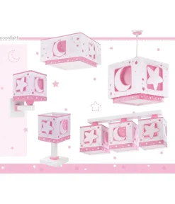 Plafonnier pour enfants à 3 lampes Moonlight lune et étoiles rose