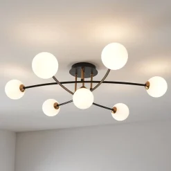 Plafonnier tendance métal noir et verre blanc - Estrela