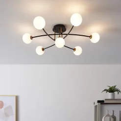 Plafonnier tendance métal noir et verre blanc - Estrela