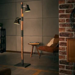 PLOW Lampadaire 2L acier noir/bois 2xE27 10W - métal/bois - ampoule non incluse