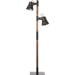 PLOW Lampadaire 2L acier noir/bois 2xE27 10W - métal/bois - ampoule non incluse
