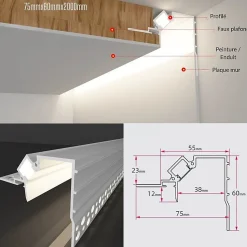 Profilé Aluminium Encastrable 2M pour Faux Plafond Éclairage Indirect - SILAMP
