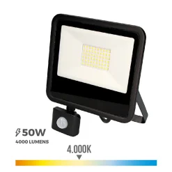 Projecteur LED à Détecteur 50W Noir étanche IP65 4000lm (400W) - Blanc Naturel 4000K