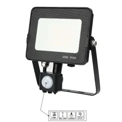 Projecteur LED avec détecteur de mouvement 30W Noir Etanche IP65 Forte luminosité 3300 Lumens Blanc chaud 3000K