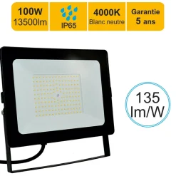 Projecteur LED pro haute puissance 100W 13500lm 135lm/W 4000K IP65 - câble 1M - garantie 5 ans
