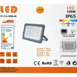 Projecteur LED 100W GRIS Etanche IP65 Forte luminosité avec LUMILEDS Puce 10000 Lumens Blanc neutre 4000K
