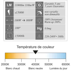 Projecteurs LED 100W/IP65/11000lm/4000K connexion direct - sans câble - garantie 5 ans