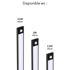 Réglette LED Rechargeable USB 40cm 2W Noire avec Détecteur de mouvement - Blanc Neutre 4000K - 5500K - SILAMP