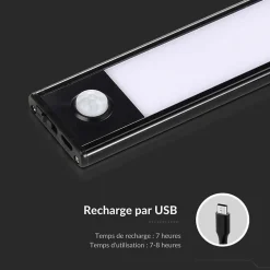 Réglette LED Rechargeable USB 60cm 2,5W Noire avec Détecteur de mouvement - Blanc Neutre 4000K - 5500K - SILAMP