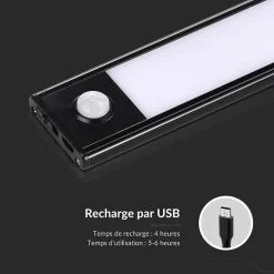 Réglette LED Rechargeable USB 30cm 1,5W Noire avec Détecteur de mouvement - Blanc Chaud 2300K - 3500K - SILAMP