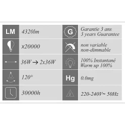 Réglette LED étanche IP65 36W 4320lm - 3CCT - traversant - garantie 3 ans