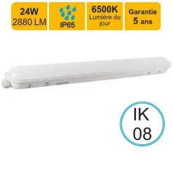 Réglette LED étanche 1200mm 24W 2880 LM 6500K IP65 - traversant - garantie 5 ans