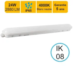 Réglette LED étanche 1200mm 24W 2880 LM 4000K IP65 - traversant - garantie 5 ans