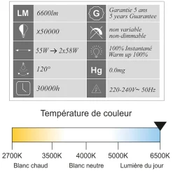 Réglette LED étanche 1500mm 55W 6600 LM 6500K IP65 - traversant - garantie 5 ans
