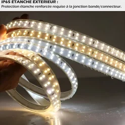 RUBAN LED CHANTIER IP67 230V 11W/M 50M Double Rangée 2835 silicone Étanche Blanc Chaud 3000K