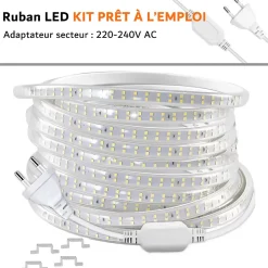 RUBAN LED CHANTIER IP67 230V 11W/M 50M Double Rangée 2835 silicone Étanche Blanc Chaud 3000K