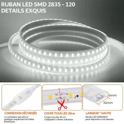 RUBAN LED CHANTIER IP67 230V 15W/M 50M Bandeau Leds sécable 2835 silicone Etanche Blanc Froid 6000K