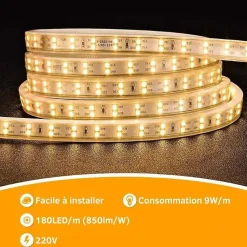 Ruban LED 220V Fin Recoupable 50M Double Rangée 9W/m IP65 2835 180LED/m - Blanc Chaud 2300K - 3500K - SILAMP
